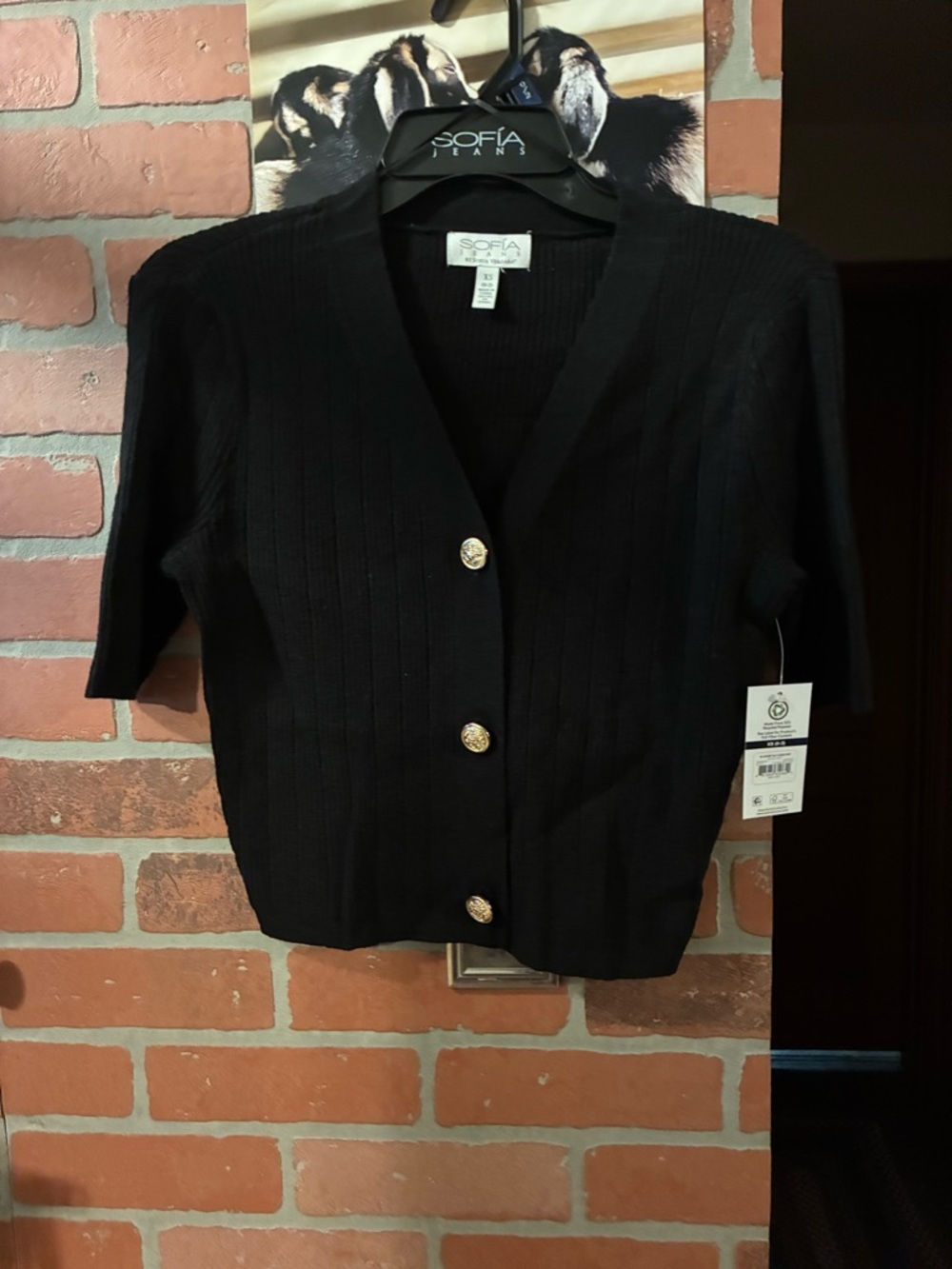 sofia by sofia vergara Black Short-Sleeve Ribbed Cardigan with Gold Buttons